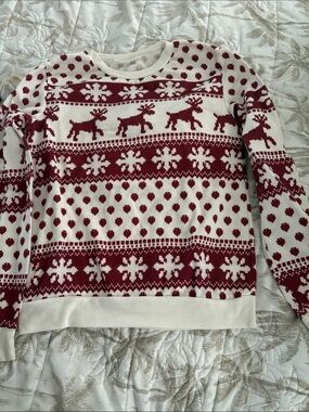 Women’s Cream and Burgundy Holiday Reindeer Sweater
